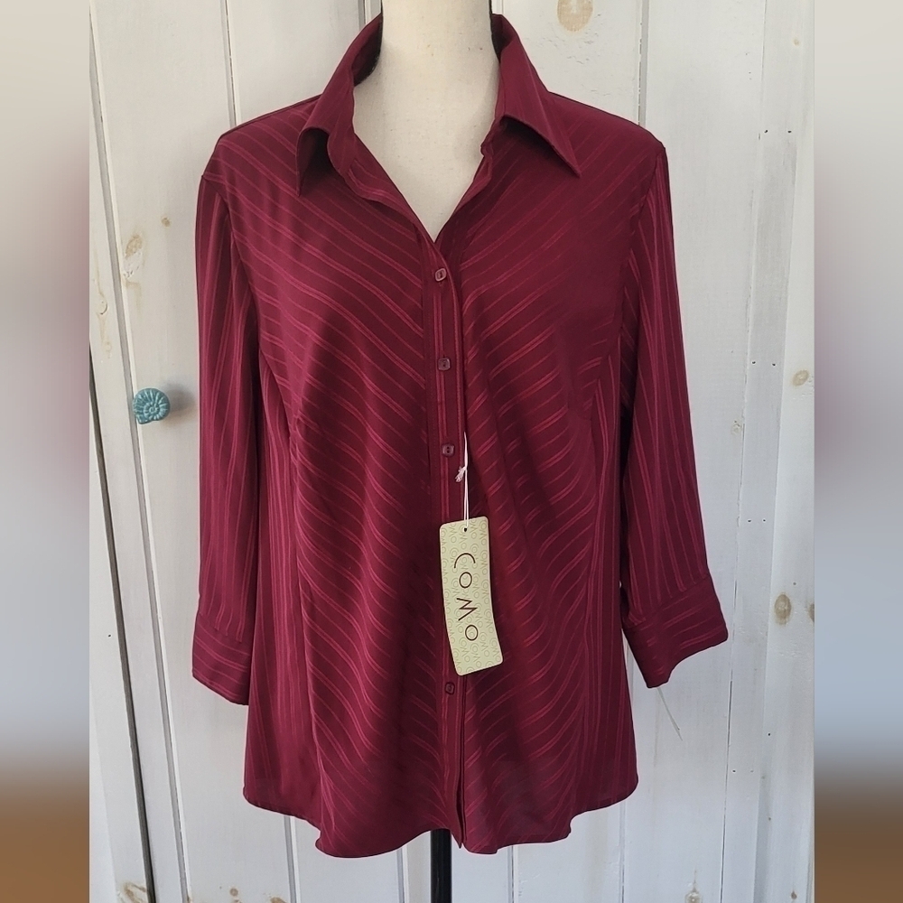 Como Plus Stripe Deep V Button-front Blouse